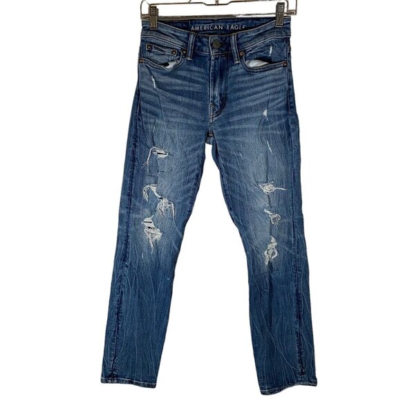 American Eagle Jeans Mens Slim Next Level Airflex Size 26 x 28 Distressed Ripped - Picture 1 of 12